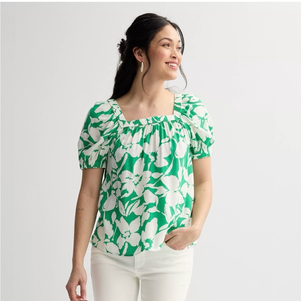 Sonoma Green and White Floral Blouse